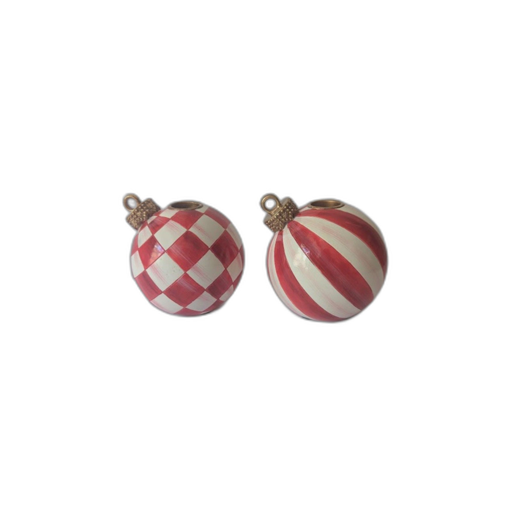 MacKenzie-Childs Holiday Ornament Candle Holders Red Check Cherry Check Set of 2